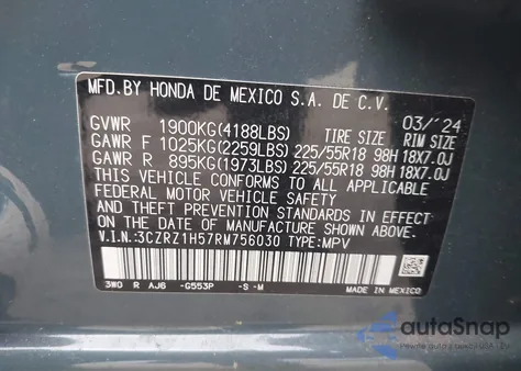 2024 Honda Hr-V 2Wd Sport/2Wd Sport W/O Bsi из США, поврежденный, VIN 3CZRZ1H57RM756030